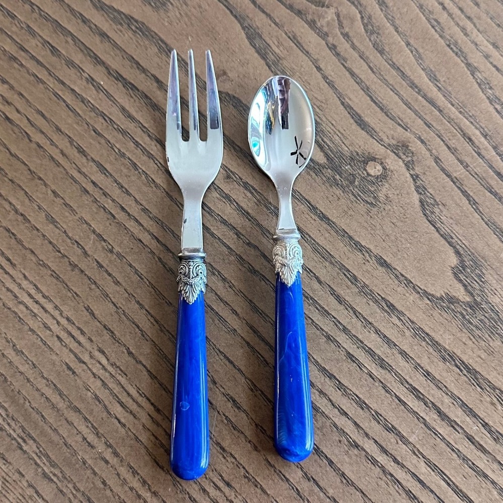 VTG EME Inox Italy Cutlery 18/10 Stainless Steel Blue Marbled Demi Fork Spoon